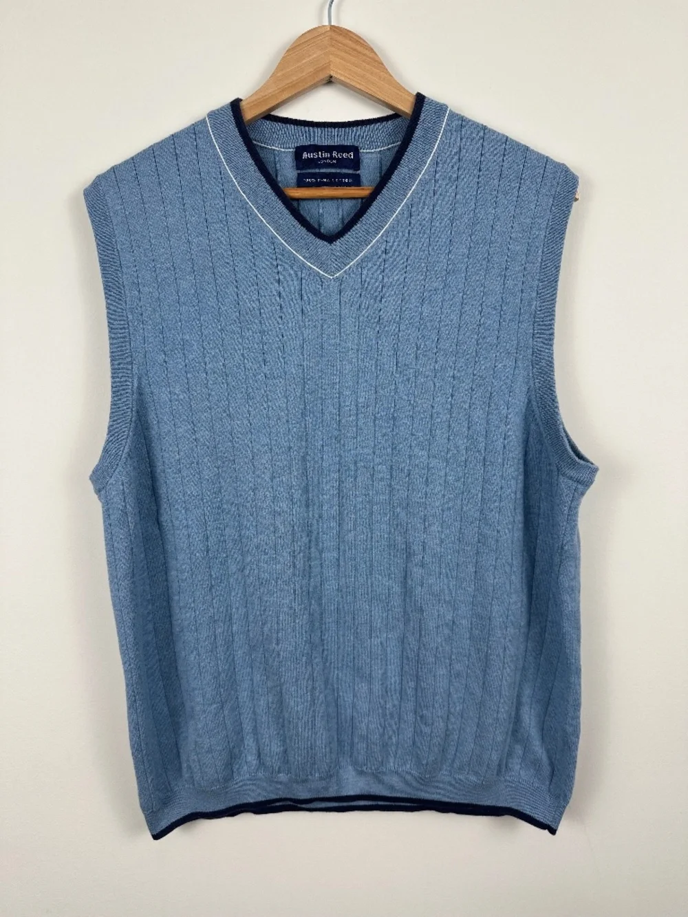 Austin Reed Pima Cotton Sweater Vest Blue Ribbed V Neck Men's L